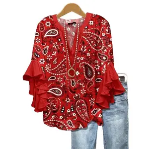 Cherrybetty paisley print ruffle-sleeve going-out outfits blouses vintage 90s funny shirts elegant classy tops for women casual womenswear black elegance feminine jeans Father’s Day gifts