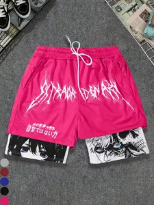 Men's Cartoon Print Patchwork Letter Fitted Shorts, Regular Fit Casual Comfy Shorts for Summer, Men's Bottoms for Daily Wear
