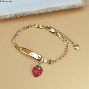 14K Gold Plated Strawberry Curved Bar Bracelet for Girls Cute Sweet Kids Jewelry Trendy Spring Chain Bracelet Dainty Stackable Accessory for Daily Wear Birthday Party Gifts & Holiday Outfits