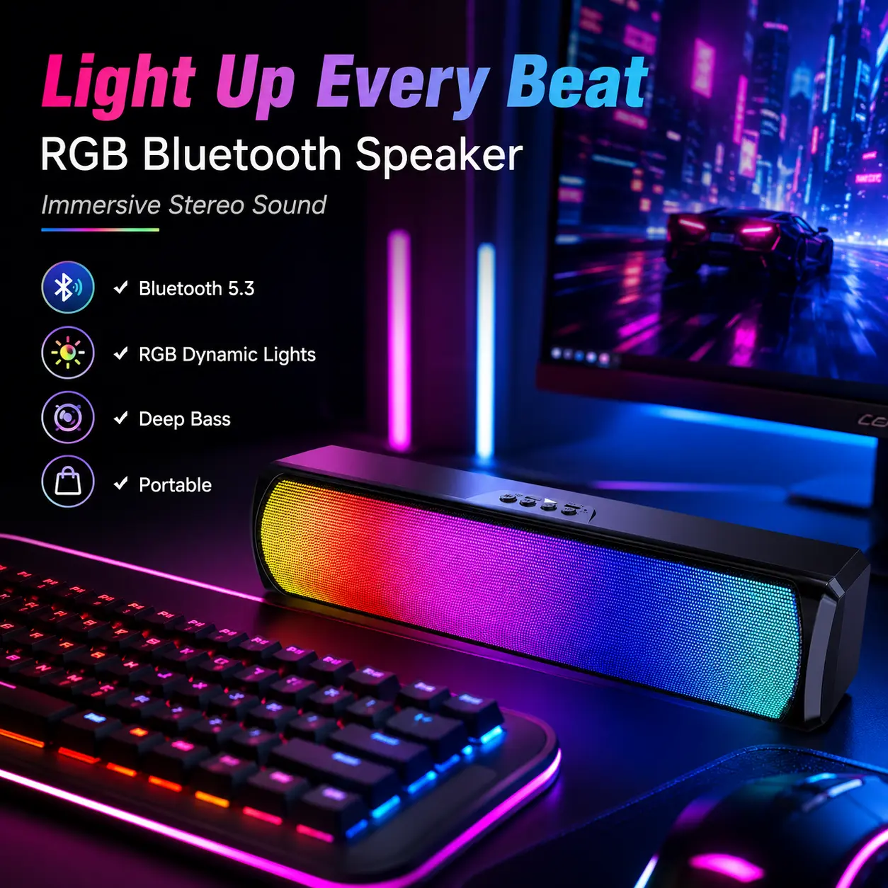 RGB Bluetooth Speaker with Dynamic LED Lights, Portable Wireless Stereo Soundbar, Deep Bass Music Speaker for Gaming, PC, Laptop, TV, Bedroom