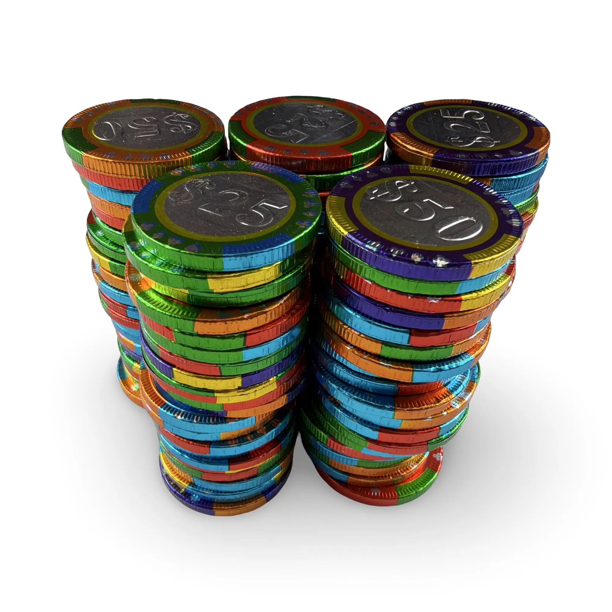 Foil-Wrapped Chocolate Casino Chips – Mixed Denominations | Approx. 100 or 200 Count Options