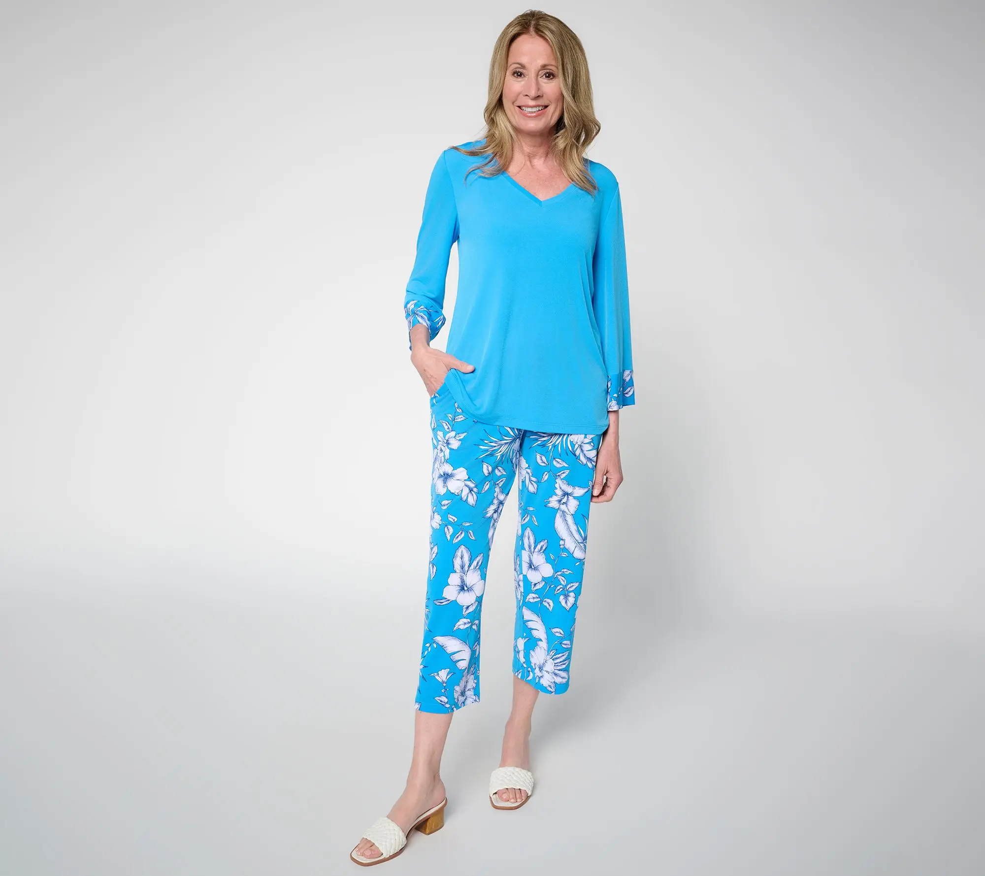 Susan Graver Petite Solid Liquid Knit Top & Printed Crop Pants Set