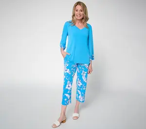 Susan Graver Regular Solid Liquid Knit Top & Printed Crop Pants Set