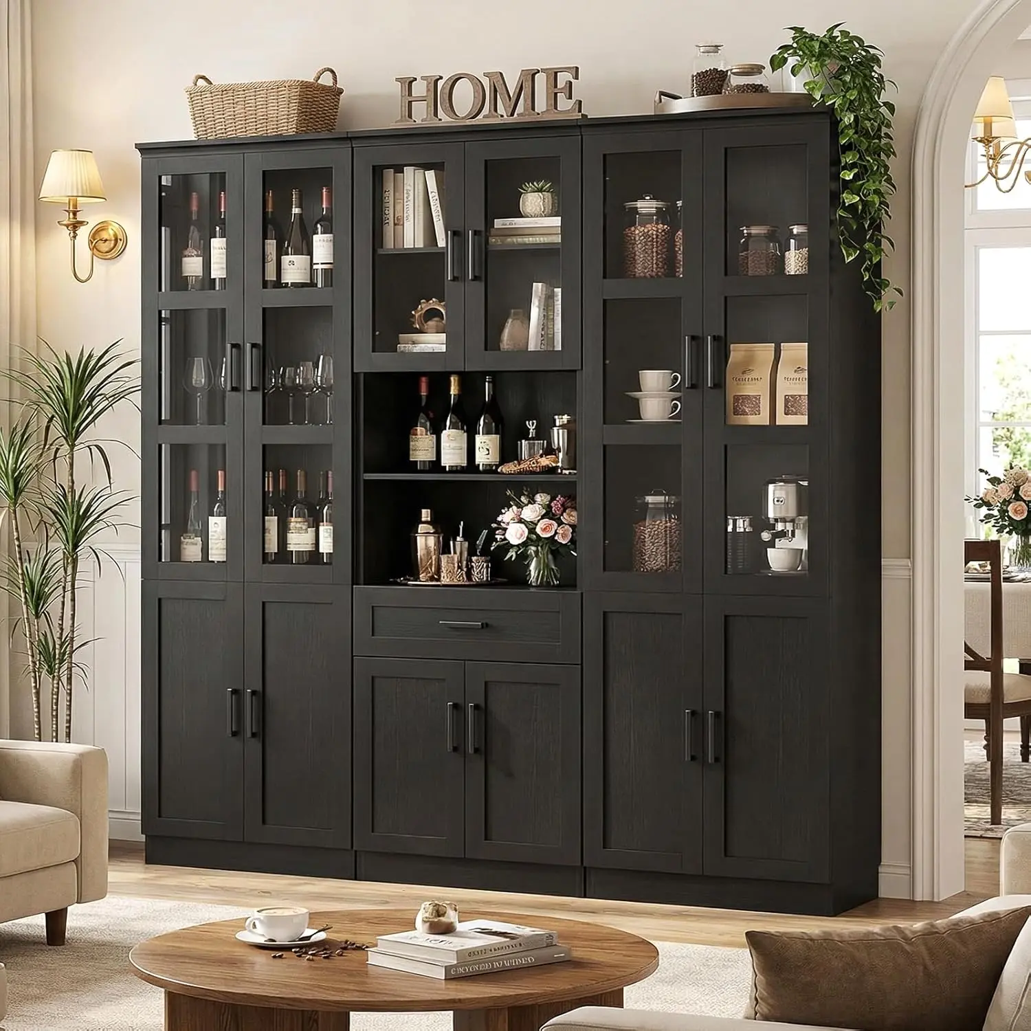 Unikito 79.7" Tall Sturdy Traditional Wood Kitchen Pantry Storage Cabinet, Freestanding Hutch with Tempered Glass Door, Adjustable Shelves, Drawer, Solid Grain Finish, Anti-Tip Base, Large Display for Living/Dining Room, Display Cabinet Dining Room Furnit