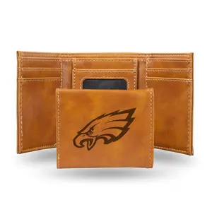 Philadelphia NFL Eagles Brown Faux Leather Laser-Engraved Trifold Wallet with Black Logo, Trifold Card Holder, Official License