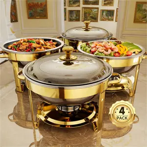 5QT 1/2/4 Packs Chafing Dish Buffet Set Gold Accent Round Stainless Steel with Glass Lid & Lid Holder for Catering Events Parties Weddings Dinners Bakeware Dinnerware
