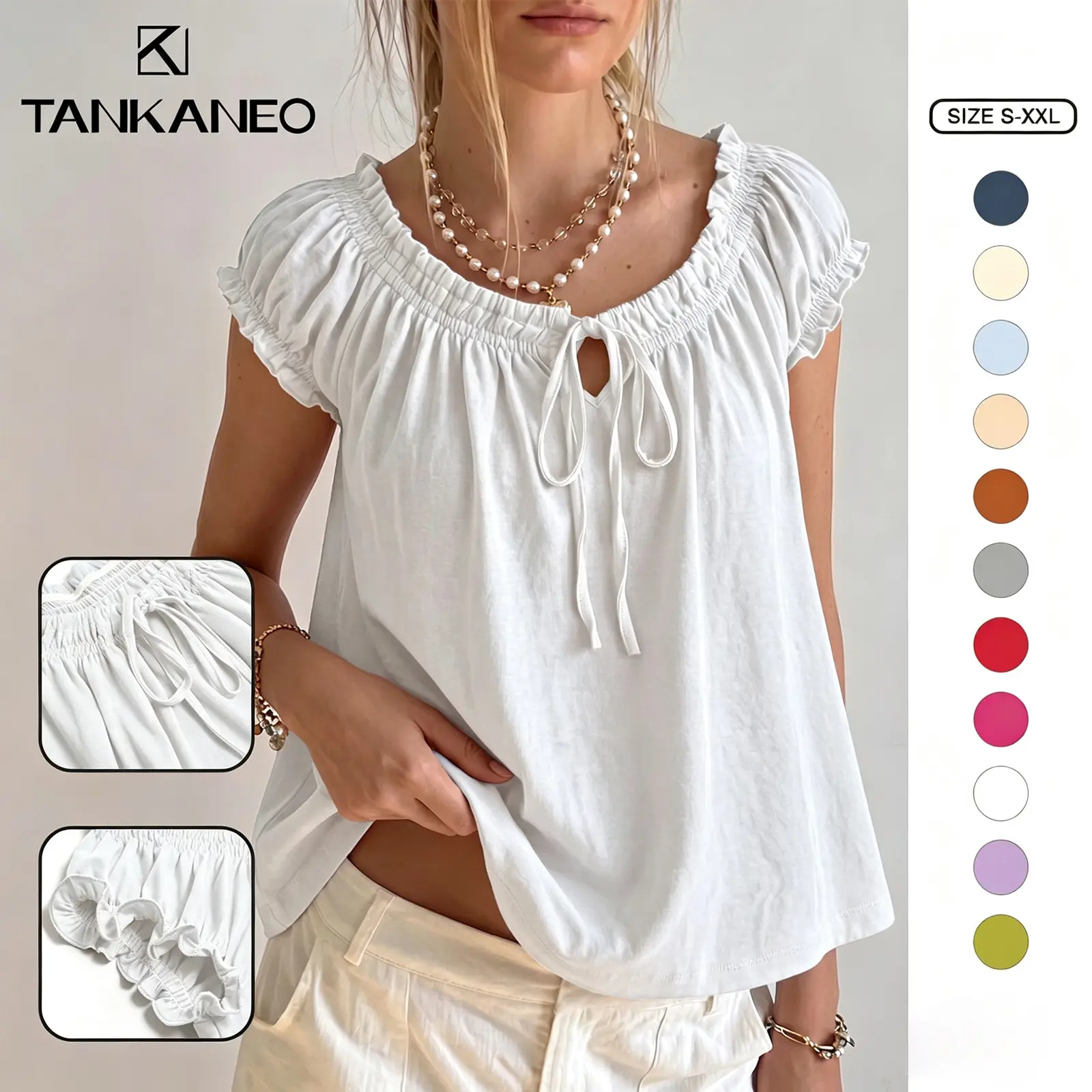 TANKANEO Women's Cotton-Polyester Trending Scoop Neck Blouses - Summer Cap Sleeve Pleated Baby Doll Tops, Adjustable Front Ties, Medium-Length Casual Loose Flowy Cute Tank Tops for Going Out, Going Out Tops, Clothes For Women