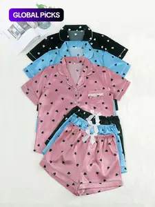 Women's Heart Print Contrast Binding Lapel Shirt & Elastic Waist Shorts Pyjama Set, Casual Comfy Short Sleeve Pocket Button Up Top & Shorts Pj Set, Ladies Soft Satin Sleepwear Loungewear for All Seasons, Pajama Set, Lounge Pajama Style