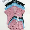 Women's Heart Print Contrast Binding Lapel Shirt & Elastic Waist Shorts Pyjama Set, Heart Printed Pajama, Short Sleeve Pocket Button Up Top & Shorts Pj Set, Ladies Soft Satin Sleepwear Loungewear for All Seasons