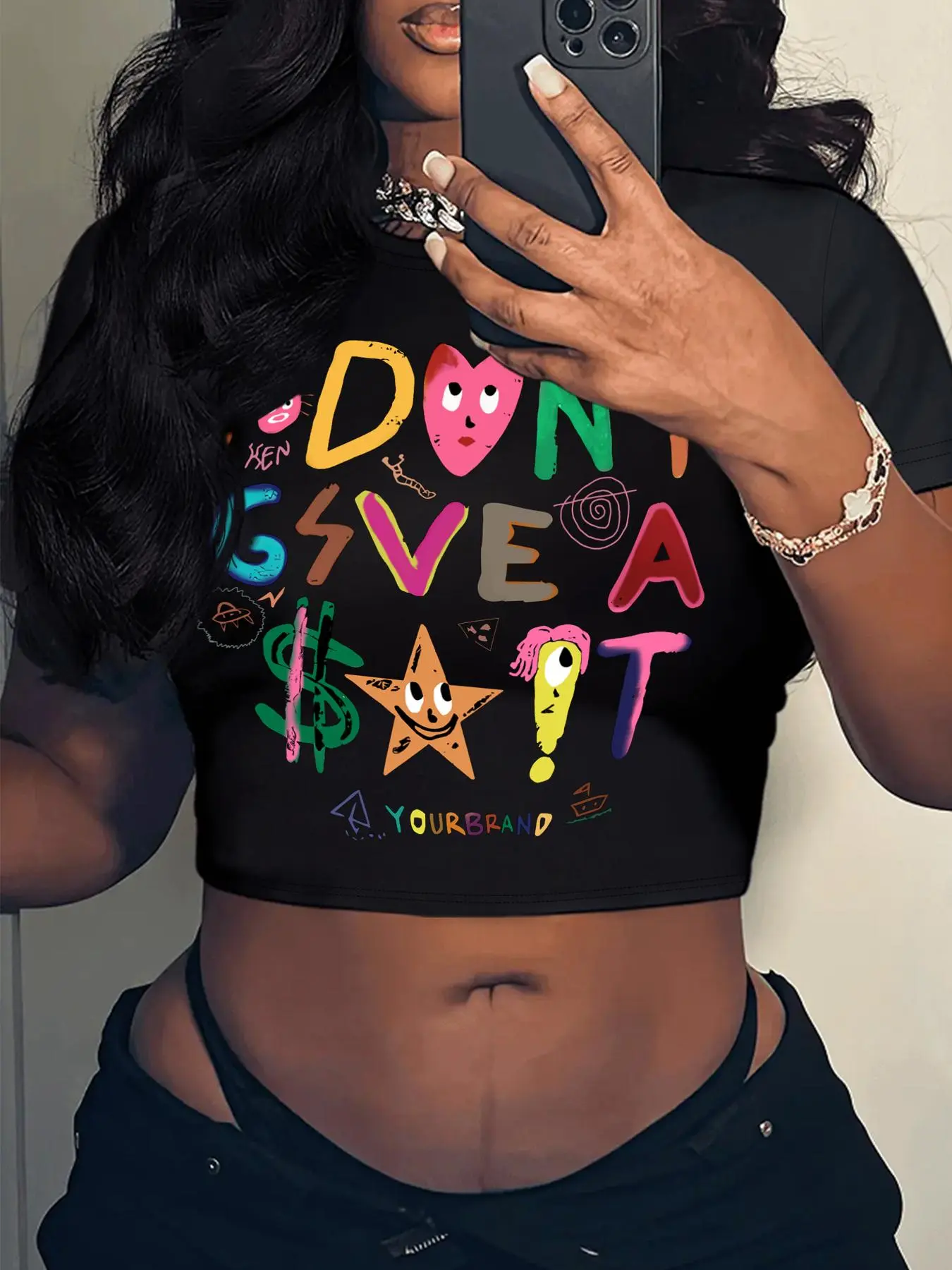Women's Cartoon & Letter Print Round Neck Fitted Crop Tee, Casual Style Tee, Casual Streetwear Short Sleeve T-shirt for Daily Wear, Ladies Clothes for All Seasons, Casual Summer Tops, Top, Casual Streetwear Look