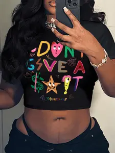 Women's Cartoon & Letter Print Round Neck Fitted Crop Tee, Casual Streetwear Short Sleeve T-shirt for Daily Wear, Ladies Clothes for All Seasons