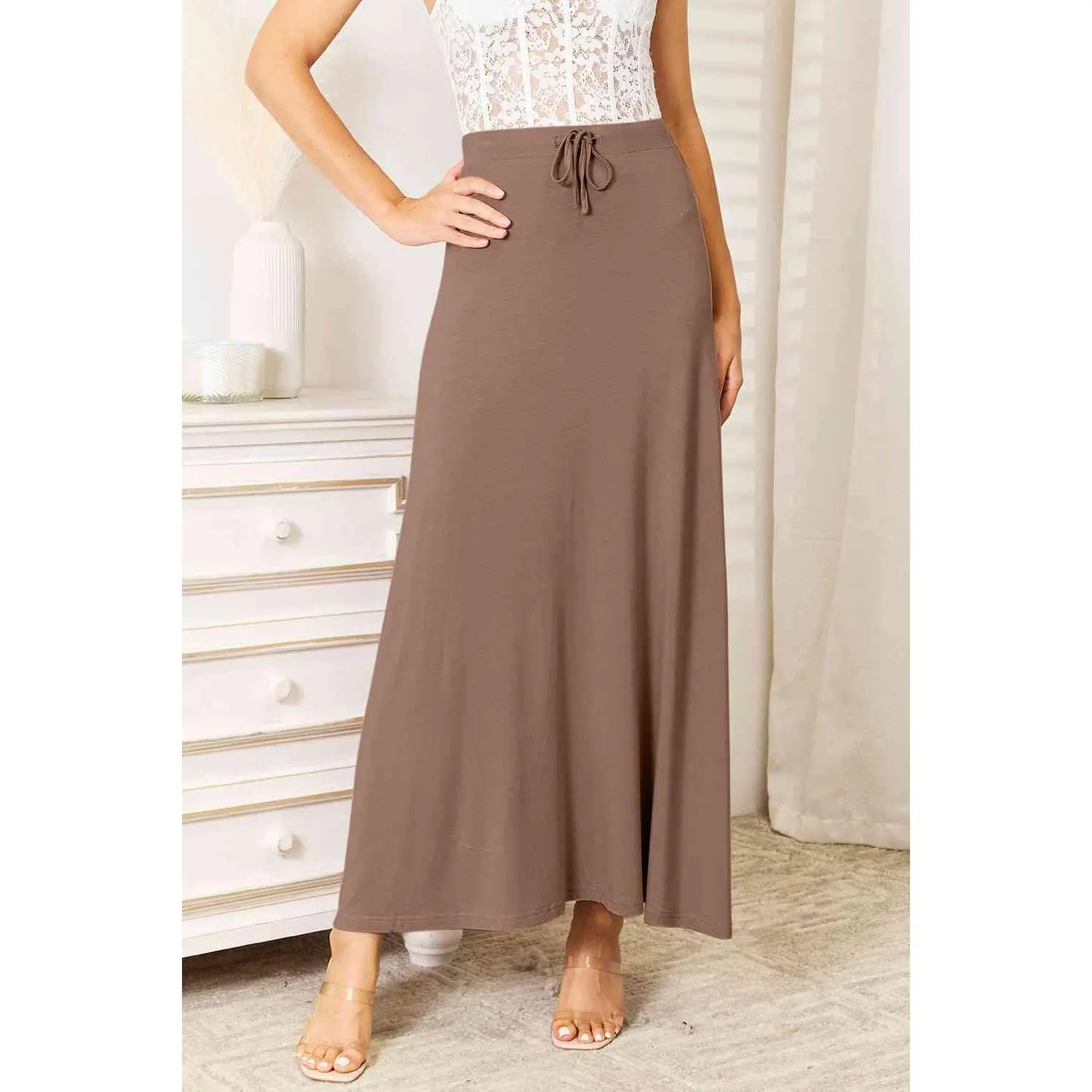 Women's Flowy Rayon Maxi Skirt with Adjustable Drawstring Waist - Solid Color, Opaque, Slightly Stretchy Fabric, 2Xl, 3Xl, Basic, Casual, Multi-Size, Maxi Length, Flowing Drape, Cold Wash, Machine Wash