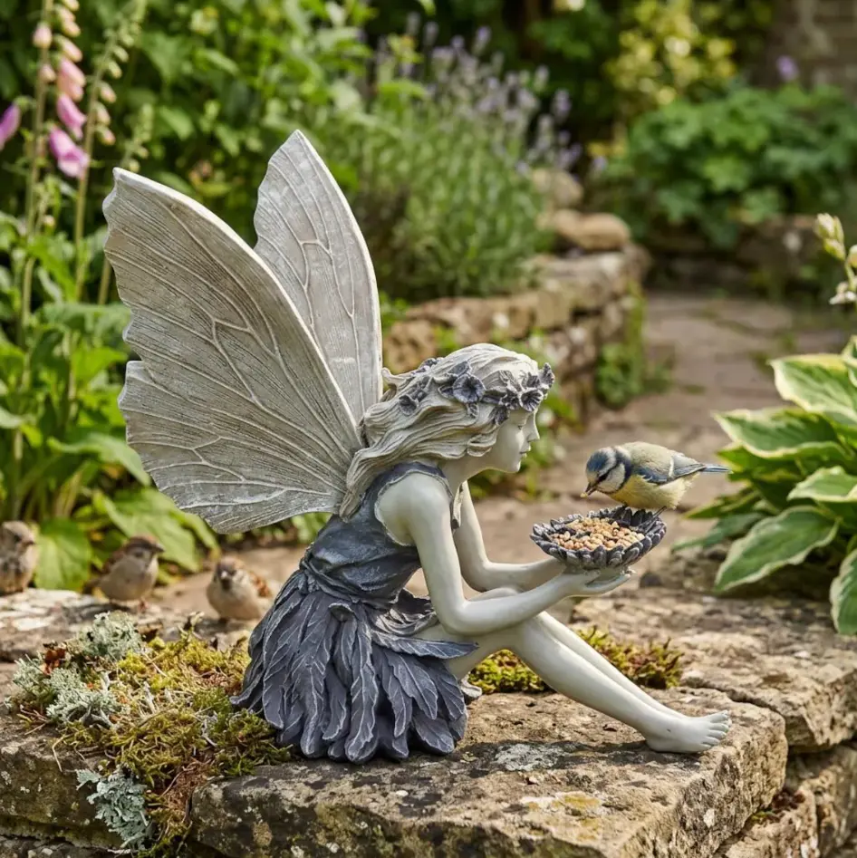 Hand-Painted Solar-Inspired Angel Fairy Sculpture with Bird Seed Bowl - Weather-Resistant Patio Decoration, Garden Supply Gift for Garden Lovers, Home Outdoor Ornament