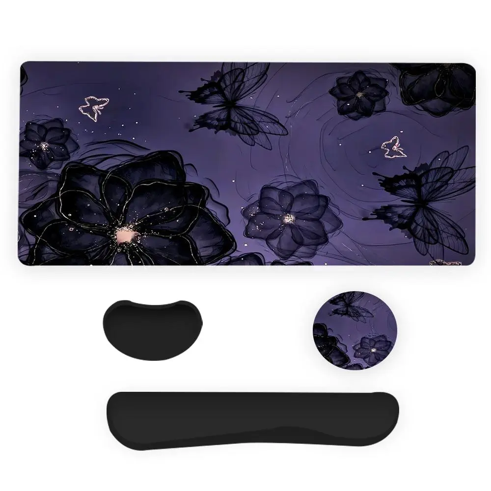 Flower & Butterfly Pattern Cute Mouse Pad Set, 4 Counts/set Mouse Pad & Keyboard Wrist Rest & Mouse Wrist Rest & Coaster, Desk Accessories for Home Office Gaming, Gaming Mousepad, Computer Desk Mat, Mouse Pad With Wrist Rest