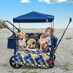 EVER ADVANCED Side-Unzip Wagon Stroller for 2 Kids, Push Pull Stroller with Adjustable Handle, Easy Access Zipper Door, 5-Point Harness, UV-Protection Canopy Shock-Absorbing Wheels, Fox Blue