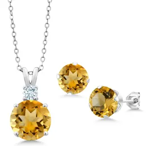 Gem Stone King 925 Sterling Silver Yellow Citrine and Sky Blue Aquamarine Pendant and Earrings Jewelry Set For Women (6.29 Cttw, Round 10MM, Gemstone November Birthstone, with 18 Inch Silver Chain)