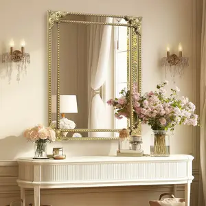 Retro Gold Square Mirror 28" x 36" with Intricate Victorian Baroque Ornate Metal Frame for Entryway Living Room Hallway Bathroom or Fireplace Accent