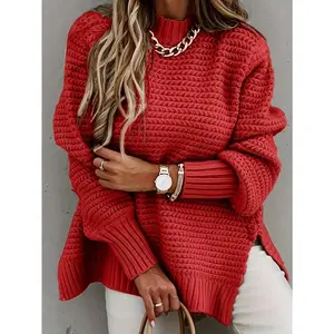 NewLow High Hem Mock Neck Sweater, Elegant Long Sleeve Sweater For Fall & Winter, Women's Clothing Fabric Knitwear(Gift)11