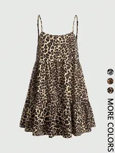 Women's 1pc Leopard Print Spaghetti-Strap Sleeveless Summer Sundress, Feminine Tiered Ruffle Hem & Adjustable Strap Design，babydoll dress, Casual wear, Womenswear