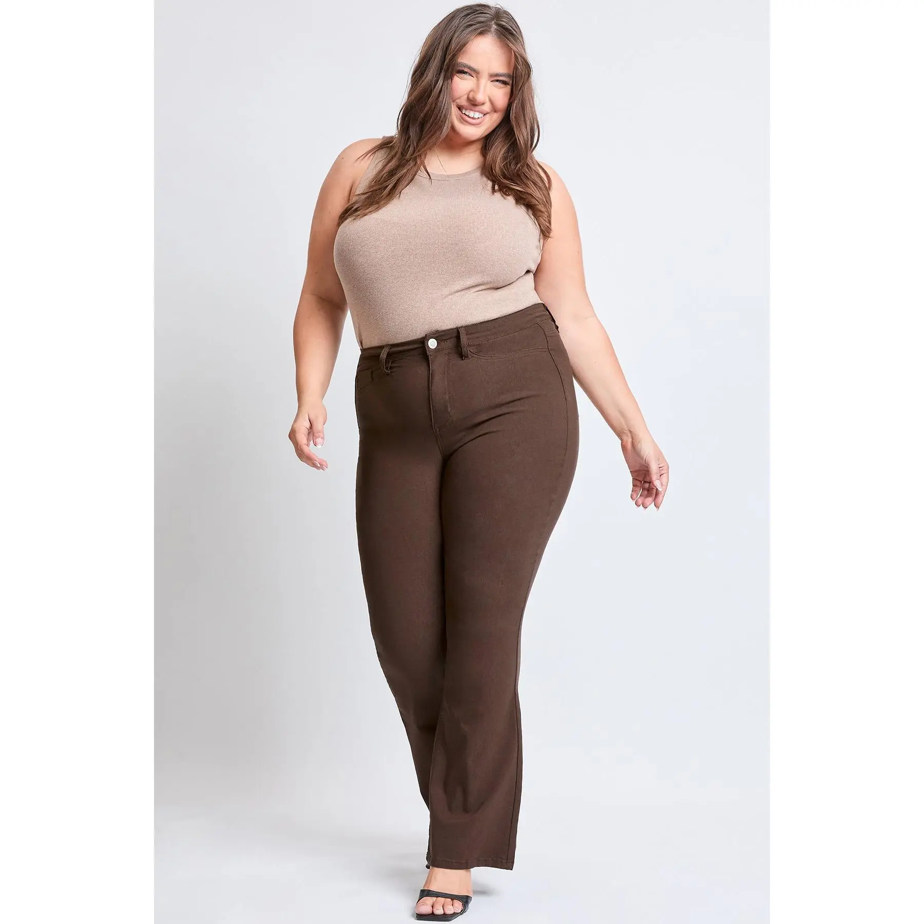 Women's Plus-Size Hyperstretch Fitted Crop Flare Pants with Spandex Fabric and Button Details, Bottom, Flared, Pockets, Belt, Leg
