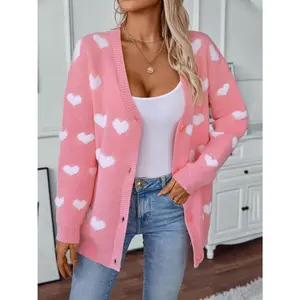 Heart V-Neck Button Up Long Sleeve Cardigan