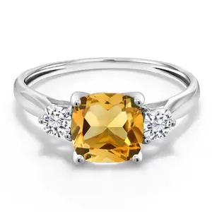 Gem Stone King 10K White Gold Yellow Citrine and White Moissanite 3-Stone Engagement Ring For Women | 1.66 Cttw | Cushion 7MM | Gemstone Birthstone | Available In Size 5, 6, 7, 8, 9