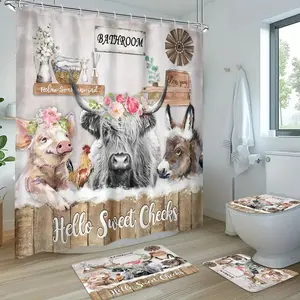 Highland cow bathroom partition curtain, home decoration, modern home curtain decoration housewarming gift, shower curtain, toilet mat, bathroom mat 4-piece set, bathroom supplies, shower curtain set comes with 12 shower curtain hooks