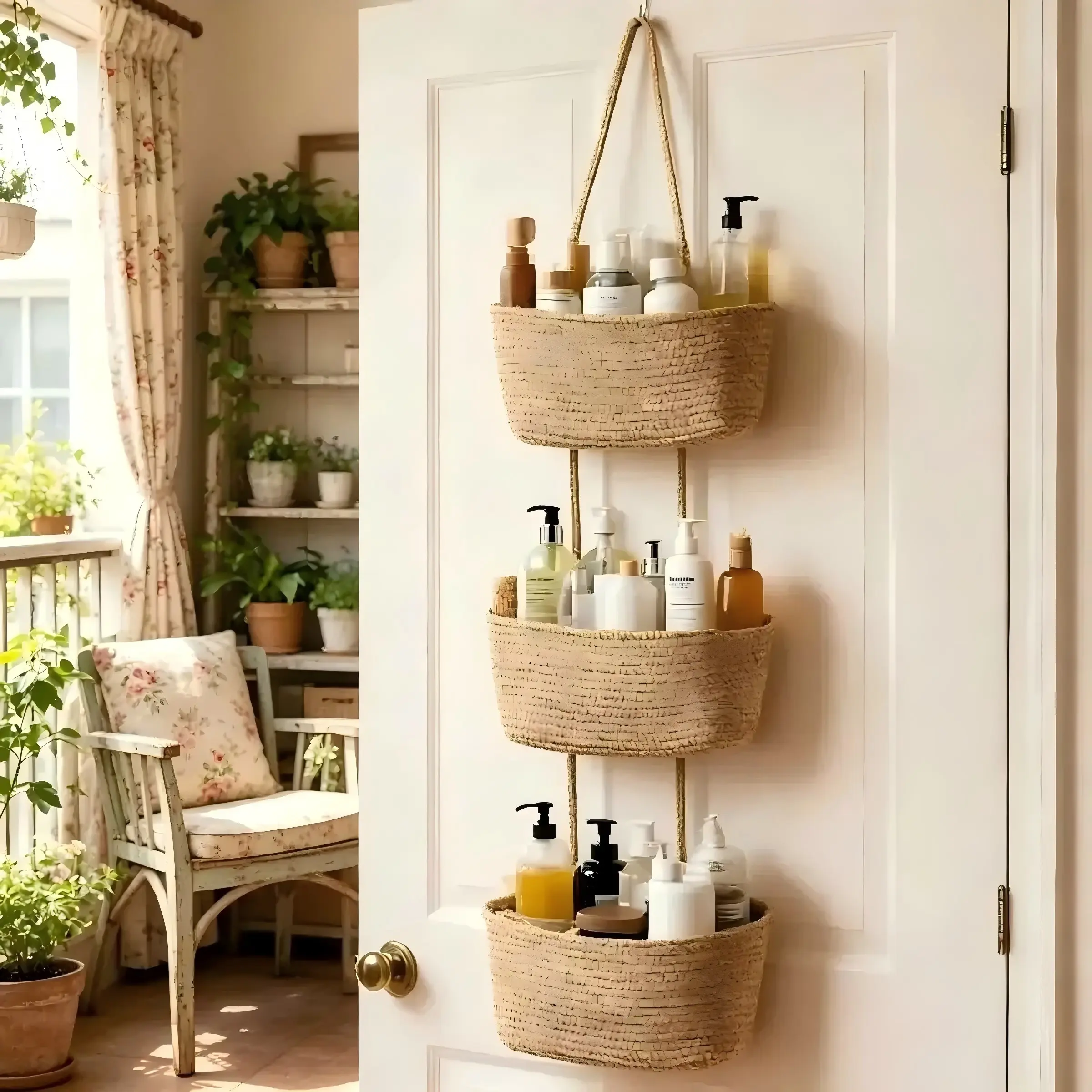 XOUDSI Handwoven Cotton 3-Tier Over-the-Door Storage Basket - Wall-Mounted Jute Room Organizer with Gift Hook, Interior Organizers and Storage for Busy Parents to Store Diapers, Toys,dorm essentials,home decor