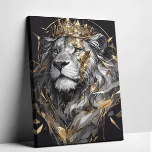 Lion King Canvas Wall Art Man's Cave Poster Prints Crown Lion Pictures Modern Abstract Black Gold Animal Painting Wall Decor Living Room for Men's Bedroom Office