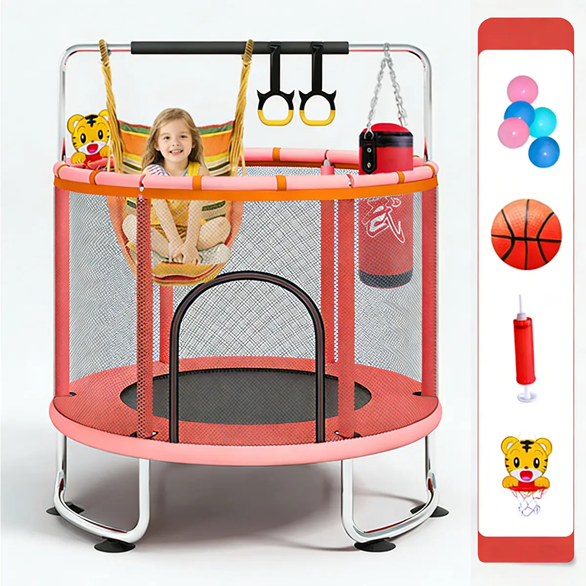 Toddler Mini Trampoline with Safety Net, Swing Gym Bar & Basketball Hoop - Indoor/Outdoor Kids Sports Toy, Birthday Gift with Free Gift, Birthday Gifts