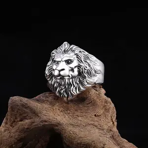 Personalized carved domineering lion open index finger ring for men with wide face constellation Leo ring