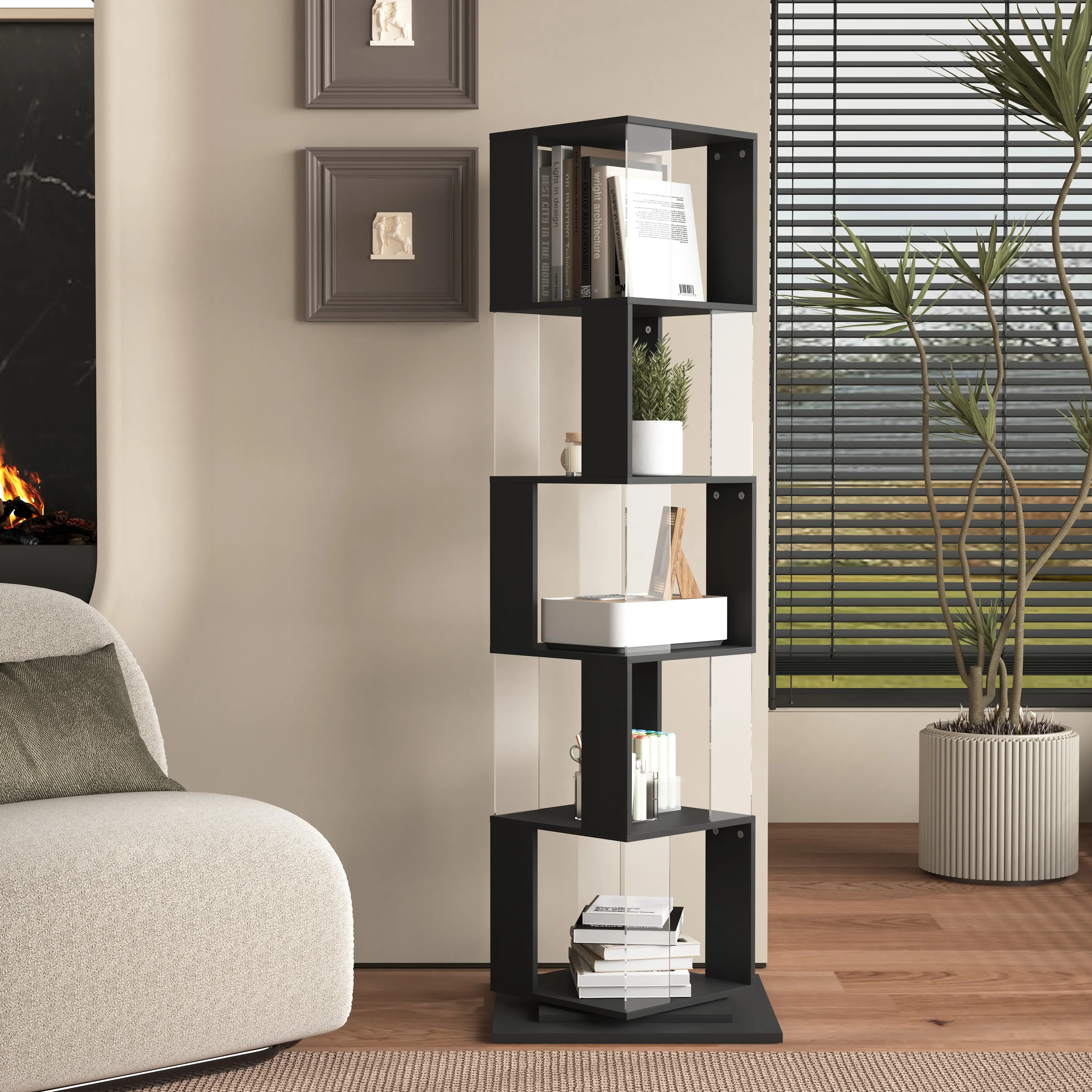 SAVEYOUR 360° Rotating Bookshelf 5-Tier Acrylic Display Bookcase Modern Storage Shelf for Living Room Home Office Bedroom Large Capacity Easy Maintenance Wood Veneer Clear Acrylic Space-Saving Design
