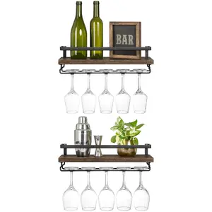 Wall Mounted Wine Rack Set of 2 Wood Rustic Wine Bottle Glass Floating Shelves with Stemware Hanger Modern Plants Photos Wine Display Storage Holder for Kitchen Dining Room Bar, 17 Inch