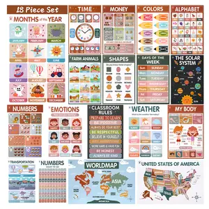 DeerSen 18 Educational Posters Colorful for Toddlers 1-6 Easy to Read Learning Posters for Classroom & Homeschool Decor Essential Preschool/Kindergarten Kids Room Boho Wall Charts include ABC Chart, Numbers, Colors, Shapes, Days of The Week