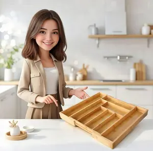 Nature Bamboo Expandable Silverware Drawer Organizer - 8-Slot Adjustable Wooden Cutlery Tray for Kitchen Storage Eco-Friendly Multifunctional Design