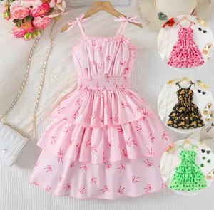 Ready Stock 7-14Y Girls' Summer Elegant Princess Dress Pink Bow Tie Straps Layered Dress Events Wedding Party Dresses 42503031 for girls Tutu