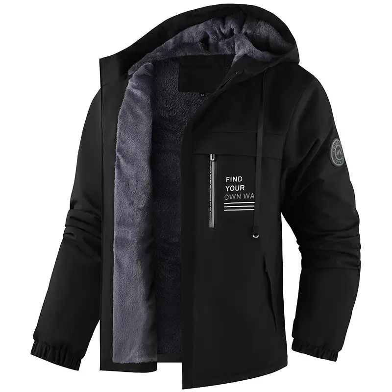 Men's Sherpa Casual Fashion Jacket - Colorblock Print Coat, Hooded, Warm Fleece Lined, "Find Your Own Way" Graphic, Long Sleeve Sports Casual Jacket, Outdoor Menswear Clothes, Warmth