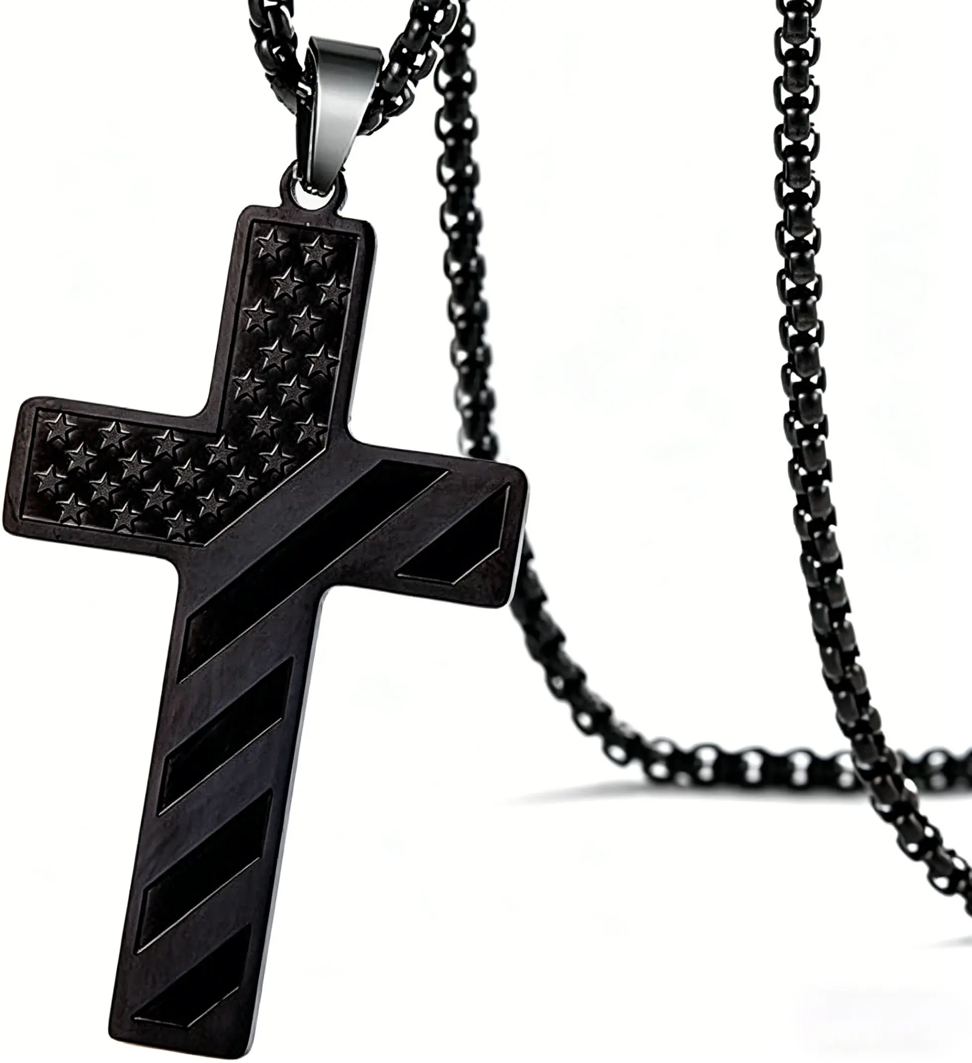 Stainless Steel Cross Black Pendant Fashion Necklace, Bible Verse American Flag Pendant Chain,for Men, Husband, Father, Mother's Day Gifts