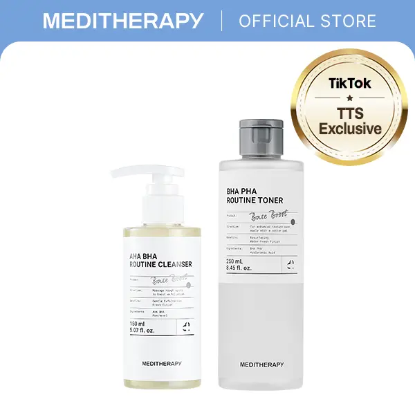 MEDITHERAPY Official Low-Irritation Exfoliation Duo - AHA BHA Cleanser, BHA PHA Toner Set for Pore Care, Smooth Skin, Cleansing, Moisturizing, Hydrate (Includes Cotton Pads & Mask)