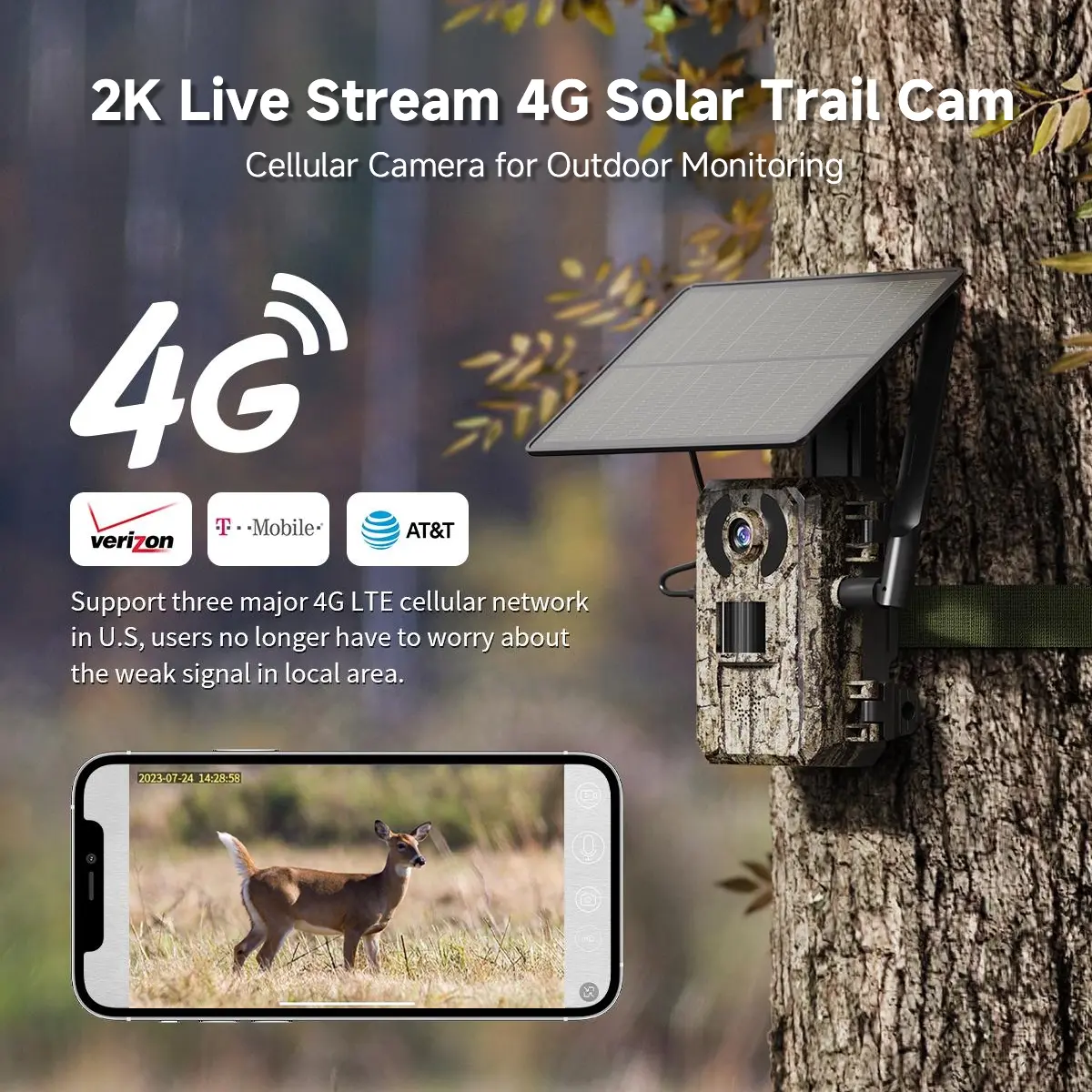 [Summervibes] Solar Powered Wireless 4G LTE Trail Camera- 2K Live Video,WiFi Not Supported, Remote APP Controlled, WaterProof, Motion Activated, Night Vision, 4G Data Cellular Card Included (Data refill is required for Unlimited 4G data usage)