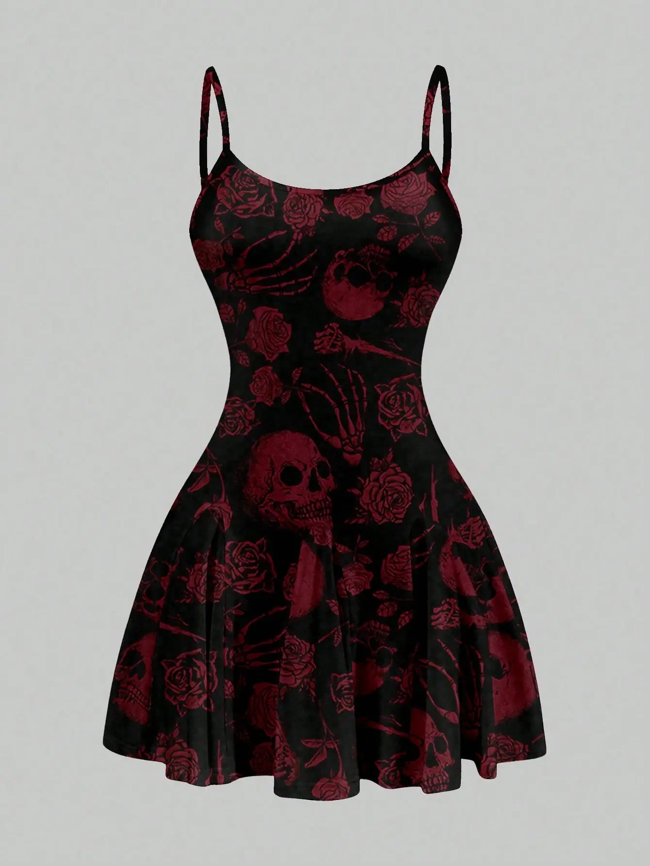 AESS Casual Skull & Rose Pattern A-Line Mini Dress Summer Dress Spring Fashion Cute Chic Y2K Aesthetic Trendy Vacation Beach Outfit