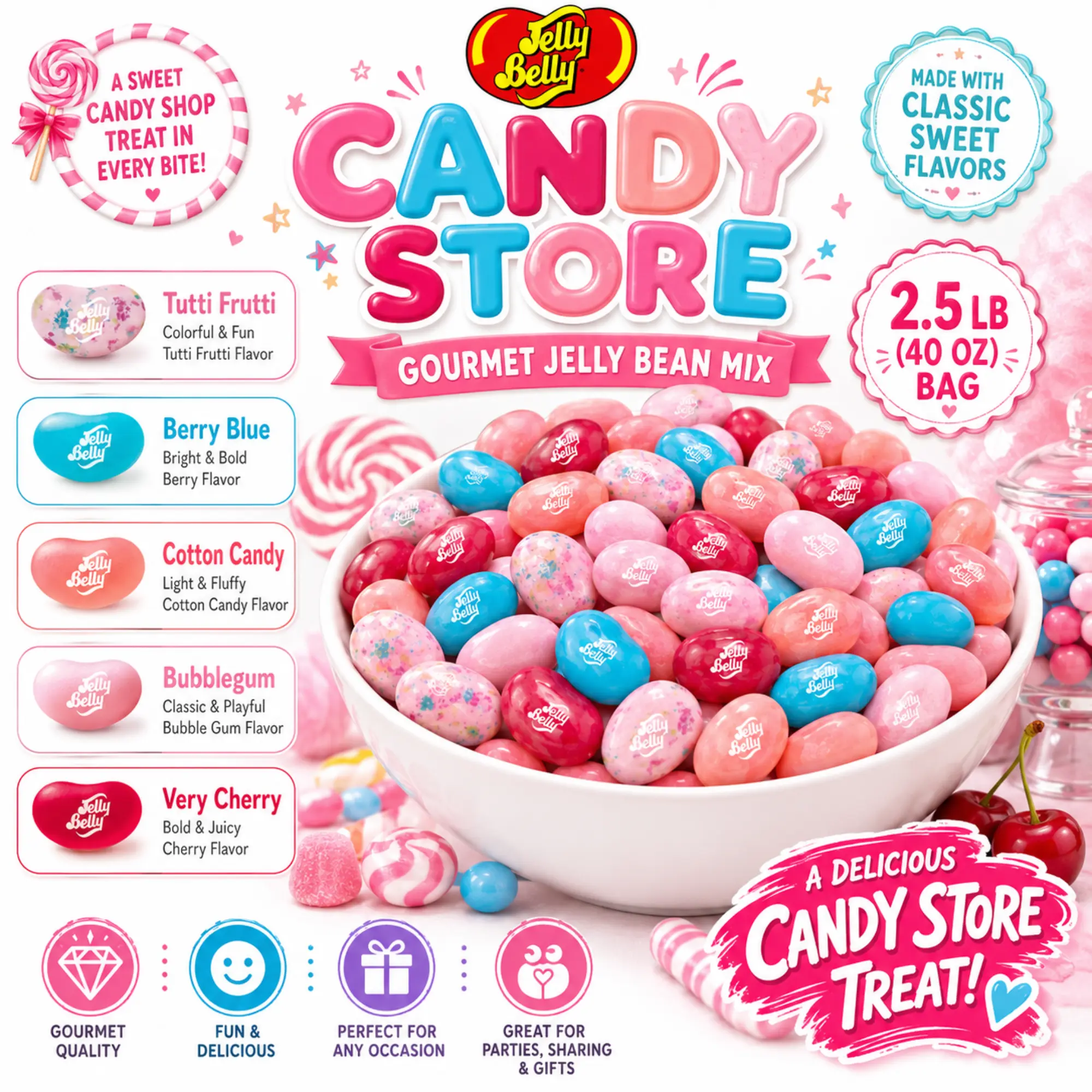 Jelly Belly Candy Store Mix Jelly Beans Tutti Fruitti Berry Blue Cotton Candy Bubblegum Very Cherry, Movie Night Party Candy Buffet Bulk Bag, Premium Soft Chewy Sweet Fruit Treats, 2.5lb