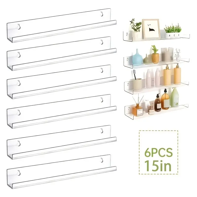 6-Pcs Transparent Acrylic Wall-Mounted Shelving Unit - Wall Shelf, Shelfs for wall, Sturdy Vinyl Base Frame, Space-Saving Storage And Display Rack Suitable for Bathrooms, And Kitchens, for Displaying Decorative Items, Cosmetics, Modern, Minimalist