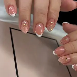 24pcs Spring Elegant Fake Nails, Nude French Edge Drills, Elegant Rhinestone Decorated, Mother-Of-Pearl Texture, All-Scene Compatible