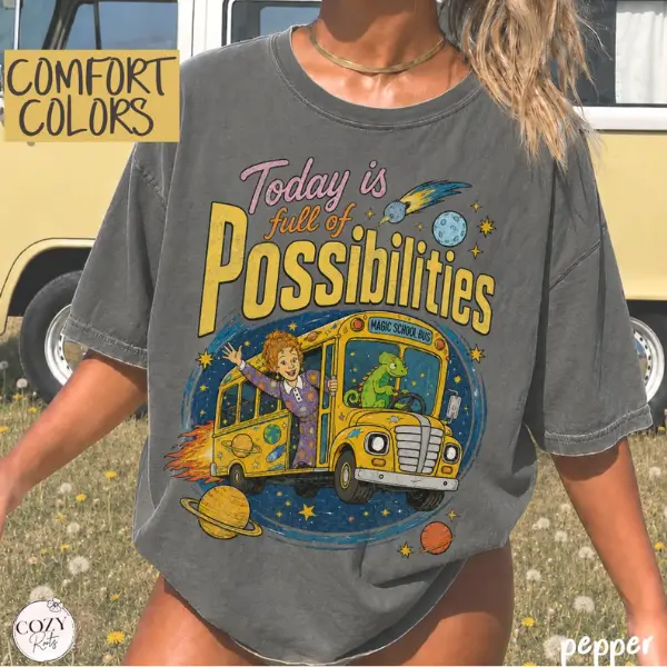 [SALE 60%] Today Is Full Of Possibilities Shirt, Magic School Bus Teacher Tee, Retro Comfort Colors T-Shirt, Space Planets Teacher Gift Shirt For Women