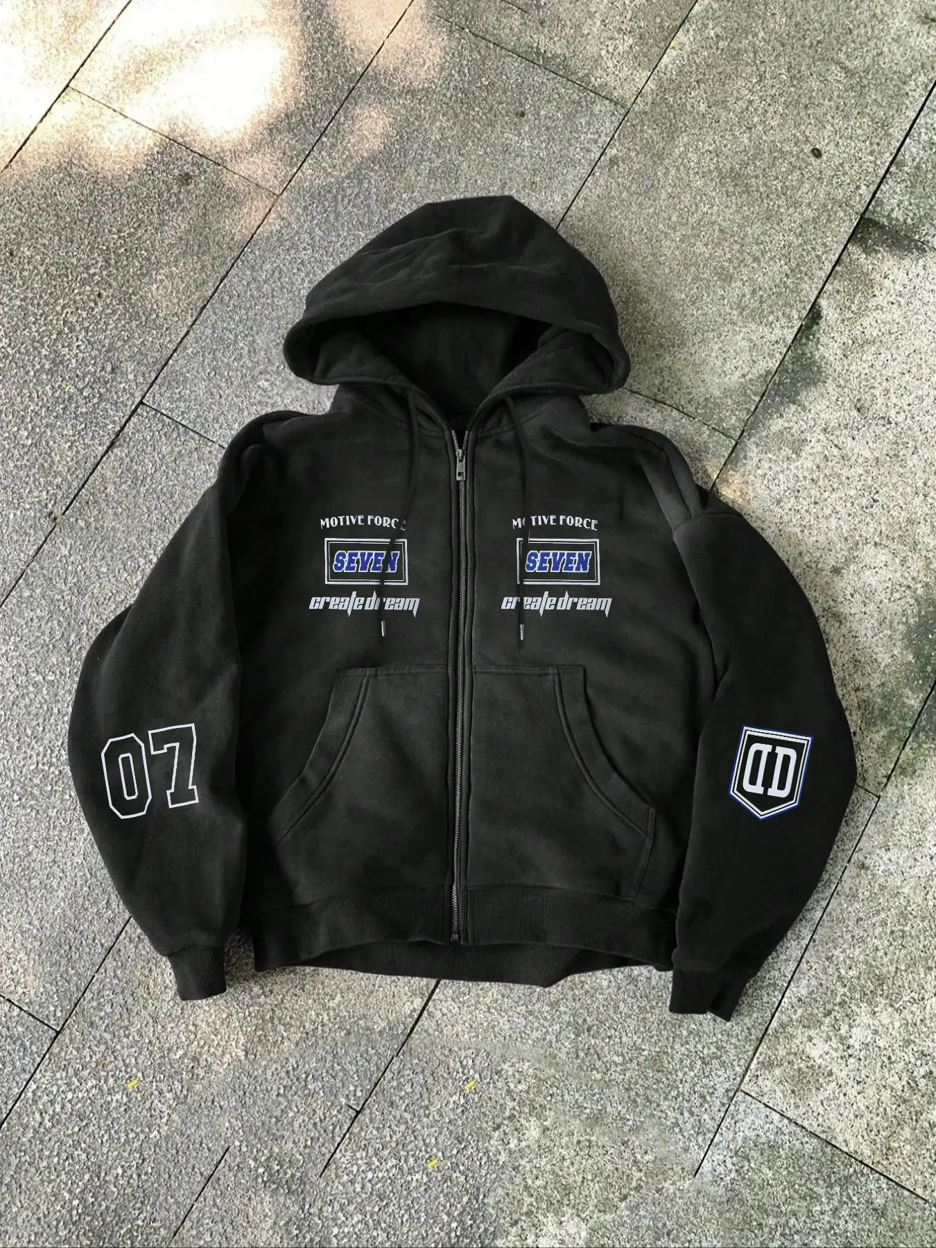 Seven 07 Zipper Hoodie Unisex Streetwear, Blue Graphic, Fitted Long Sleeve, Thick Fabric for Fall Winter, Casual, Fashion Hoodies