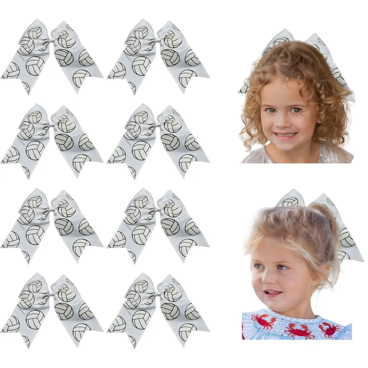 JoyBowie 8pcs Volleyball Hair Bows for Girls  Glitter Volleyball Print Elastic Ponytail Hair Ties | Game Day Sport Accessories for Toddlers Kids, Team Spirit Outfit