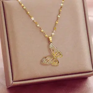 14k gold plated butterfly necklace with sparkling stones, simple fashion, European and American style, suitable for women to wear every day, attend parties and as a gift