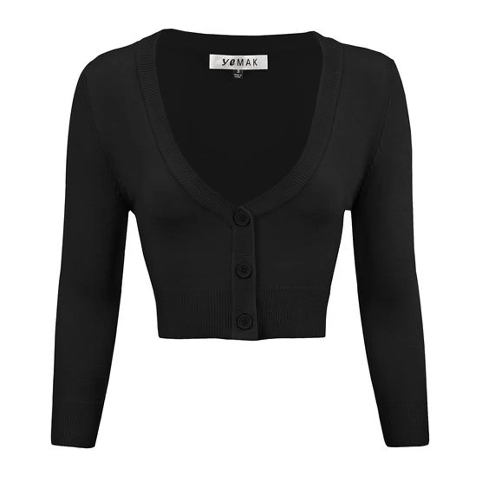 Women's Cropped Cardigan 3/4 Sleeve V-Neck Basic Button Down Knit Sweater Black