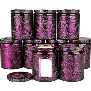 Embossed Shining Purple Glass Candle Container with Lids and Labels, 8 oz - Pack of 9